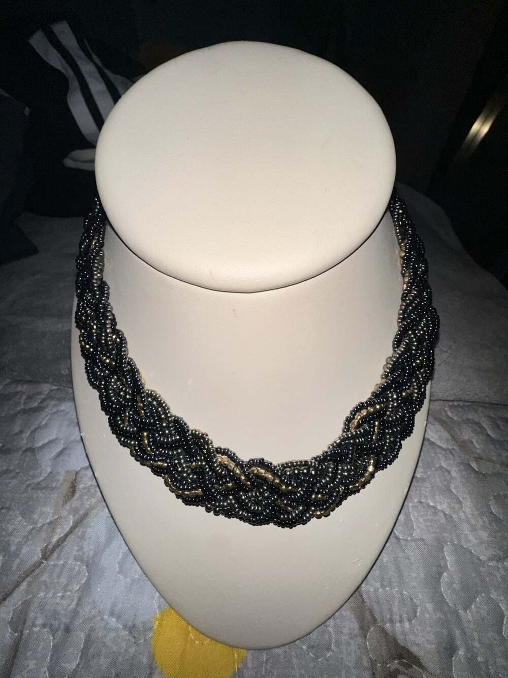Black and Metallic Seed Bead Braided Collar Statement Necklace